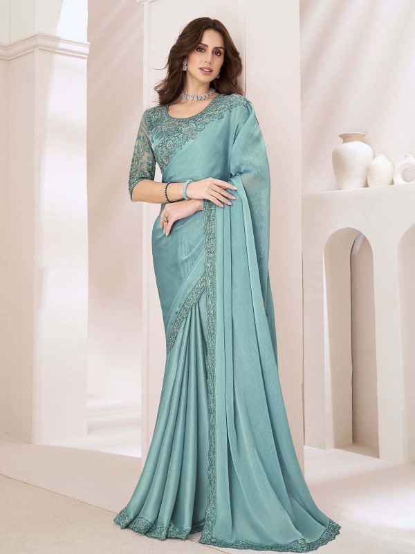 Aqua Blue Satin Georgette Silk Saree